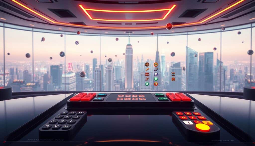 A warm, inviting interior of a modern online gaming platform. In the foreground, an array of colorful game icons and buttons hover above a sleek, minimalist interface. Behind, a panoramic view of a bustling cityscape, with towering skyscrapers and bright neon lights reflecting off the glossy surface. Soft, diffused lighting casts a gentle glow, creating an atmosphere of excitement and anticipation. The layout is clean and intuitive, with clear calls-to-action guiding the user through the selection process. An overall sense of dynamism and accessibility, reflecting the thrilling world of online entertainment.