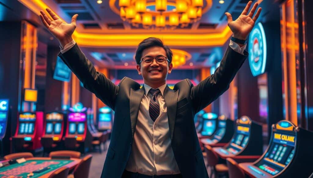 A well-dressed Taiwanese individual standing triumphantly, arms raised in celebration, against a backdrop of a modern casino interior with gaming tables, slot machines, and neon lights. The subject's facial expression conveys a sense of pride and accomplishment, reflecting their success in a high-stakes game of baccarat. Warm, dramatic lighting illuminates the scene, creating a sense of excitement and energy. The overall composition emphasizes the individual's achievement, showcasing them as a role model and inspiration for other Taiwanese players.