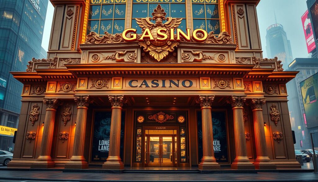 A well-established and reputable online casino, its exterior adorned with a grand, ornate facade bathed in warm, golden lighting. The entrance is flanked by elegant columns and intricate architectural details, conveying a sense of sophistication and trustworthiness. The casino's logo, prominently displayed, projects an image of reliability and fair play. The scene is set against a backdrop of a vibrant, bustling city skyline, hinting at the thrilling gaming experience awaiting within. The overall composition exudes an air of professionalism, inviting the viewer to explore this esteemed establishment and discover the generous rewards it has to offer.