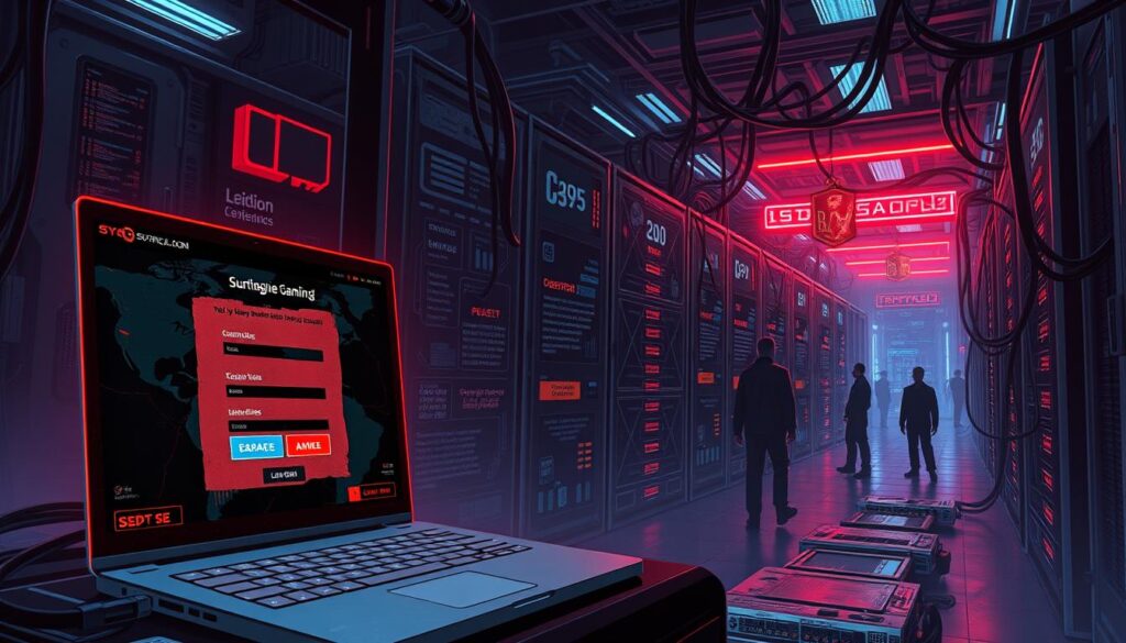 A well-lit and detailed illustration of a suspicious online gambling platform, showcasing its deceptive features. The foreground depicts an ominous login screen with a sketchy interface, obfuscated branding, and vague promises of big payouts. The middle ground reveals a maze of complex financial transactions, hidden fees, and dubious customer testimonials. In the background, a dark, ominous landscape of tangled server cables and shadowy figures suggests the sinister underbelly of the illicit operation. Crisp, cinematic lighting and a moody, unsettling atmosphere convey the grave risks of falling victim to such fraudulent schemes.