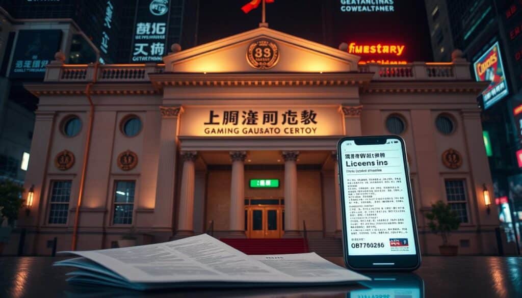 A well-lit and detailed image of a government building or regulatory authority, symbolizing the legal and oversight aspects of online gaming and entertainment establishments in Taiwan. The building's architecture should convey a sense of authority and professionalism, with clean lines, classical elements, and prominent signage. In the foreground, official-looking documents, seals, and stamps should be visible, representing the regulatory processes and compliance requirements. The middle ground could depict a computer monitor or smartphone displaying information about gaming licenses and regulations. The background should suggest a bustling urban environment, hinting at the broader context of the industry's legal status and public oversight.