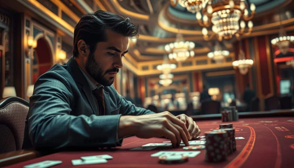 A well-lit and meticulously detailed illustration depicting a successful baccarat player's experience. In the foreground, a skilled gambler sits at a baccarat table, intently studying the cards and chips before them. The middle ground showcases the player's confident, focused expression as they make a critical decision. In the background, a sophisticated casino interior unfolds, with elegant decor, dim lighting, and the faint hum of activity. The scene conveys a sense of high-stakes tension, strategic thinking, and the thrill of a hard-won victory. Captured through a cinematic, low-angle lens, the image reflects the culmination of dedication, discipline, and the mastery of baccarat gameplay.