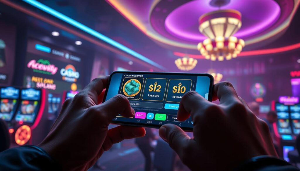 A well-lit and meticulously detailed scene depicting the operation of cash rewards in an online casino game. The foreground showcases a player's hands interacting with a mobile device, navigating through the game's user interface to claim a cash reward. The middle ground reveals the game's visuals, including icons, buttons, and animations denoting the reward system. The background suggests an immersive virtual environment, with subtle hints of the casino's branding and decor. The overall mood is one of anticipation and excitement, capturing the thrill of earning cash rewards through skillful gameplay.