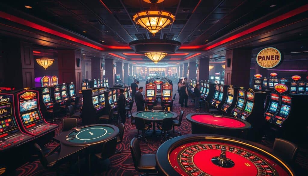 A well-lit casino interior, dimly lit with a warm, inviting ambiance. In the foreground, a variety of casino game tables are visible, with roulette, blackjack, and poker setups. The middle ground showcases slot machines in various eye-catching designs, their screens flickering with tempting imagery. In the background, a panoramic view of the casino floor, with guests mingling and enjoying the excitement of the games. The lighting creates a sense of depth and drama, highlighting the different areas and activities. The overall atmosphere conveys the allure and potential rewards of casino gaming.
