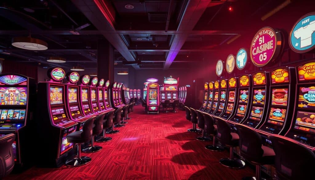 A well-lit casino scene with sleek, modern slot machines arranged in rows on a plush, carpeted floor. The machines feature vibrant, high-contrast displays showcasing a variety of symbols and animations. The machines should have a polished, elegant appearance, reflecting the premium nature of the casino experience. Soft, dramatic lighting casts dramatic shadows, creating a sense of anticipation and excitement. The overall atmosphere should convey a sense of luxury, sophistication, and the thrill of potential big payouts, drawing the viewer's attention to the central slot machines as the focal point.