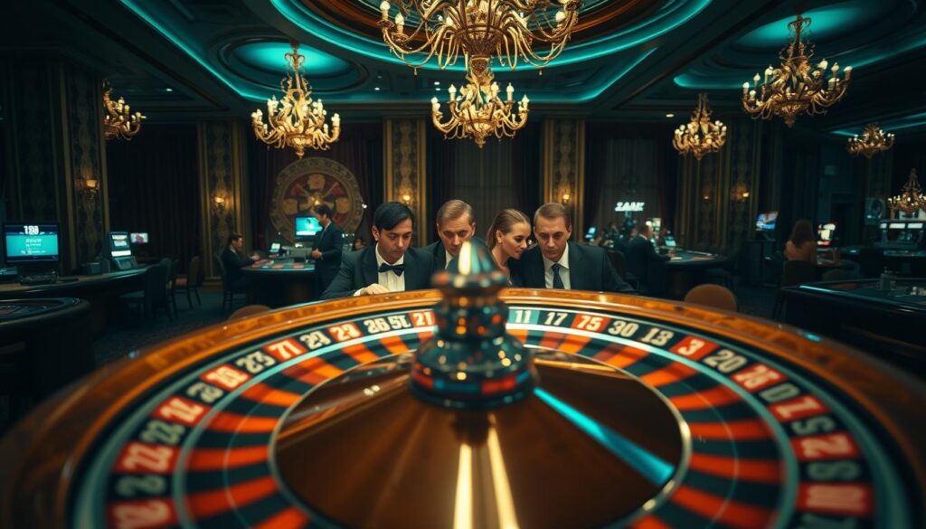 A well-lit casino setting with a large spinning roulette wheel in the foreground, the wheel's spokes and numbers clearly visible. In the middle ground, a group of smartly dressed gamblers intently watching the wheel, faces illuminated by the soft glow of the casino lights. The background features the opulent decor of the casino, with rich fabrics, chandeliers, and the faint silhouettes of other gaming tables. The overall atmosphere is one of excitement and anticipation, capturing the thrill of the roulette game and the potential for big winnings.