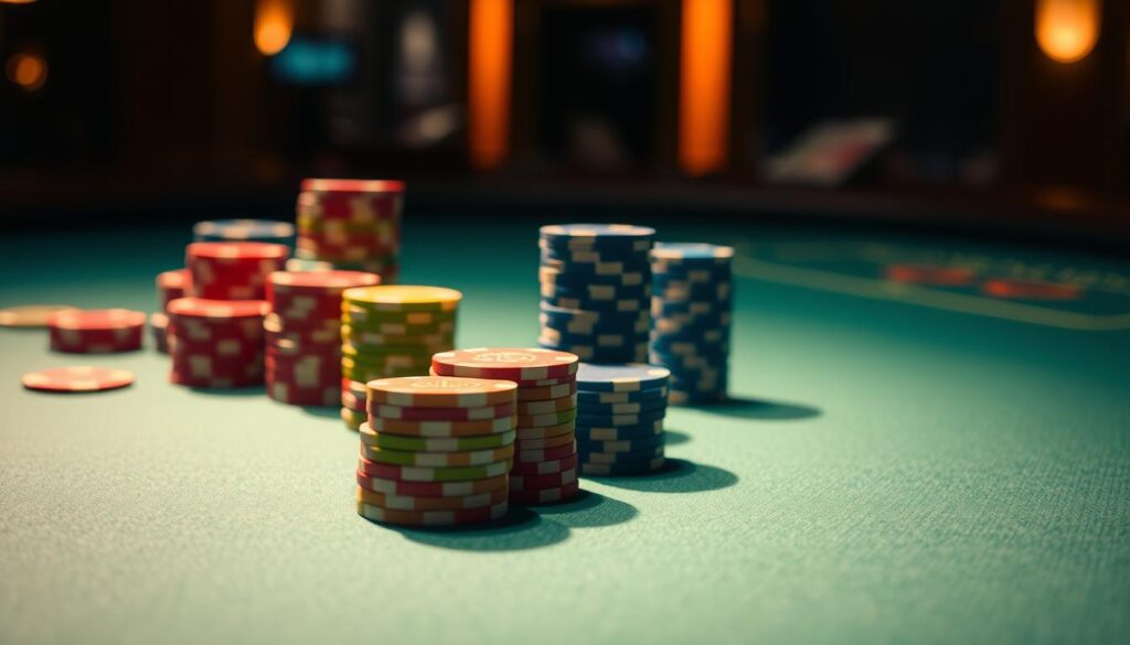 A well-lit casino table with a clean, crisp felt surface. Stacks of colorful gambling chips of various denominations are neatly arranged, casting subtle shadows that convey a sense of depth and texture. In the foreground, a few chips are strategically positioned, highlighting their importance. The background is slightly blurred, emphasizing the focus on the chips. The lighting is soft and even, creating a sense of sophistication and elegance, mirroring the significance of chip management in the game of baccarat.