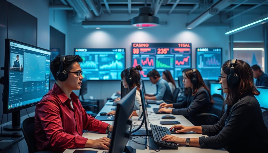 A well-lit customer service office with a team of technical support representatives assisting online casino players. In the foreground, a focused employee helps a customer navigate the casino's user interface on a large desktop screen. The middle ground features a mixture of headset-wearing staff members discussing issues and typing on keyboards. In the background, a wall-mounted display shows real-time analytics and performance metrics. The atmosphere conveys a sense of professionalism, efficiency, and a commitment to providing an exceptional interactive experience for the players.