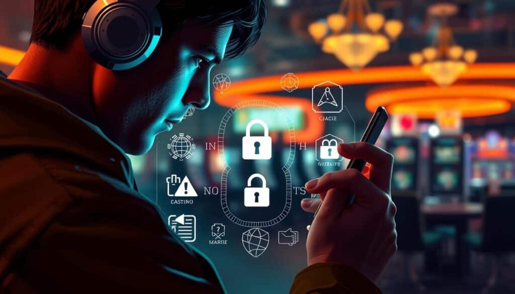 A well-lit digital illustration showcasing effective anti-fraud techniques for online casino players. In the foreground, a person carefully examining a phone screen, vigilantly looking for signs of scams. In the middle ground, various security icons and warning symbols, representing the different measures players can take to protect themselves. In the background, a blurred casino environment, symbolizing the need for caution in the digital entertainment landscape. Cinematic lighting casts dramatic shadows, creating a serious, cautionary tone. The overall composition conveys a sense of empowerment and preparedness, equipping players with the knowledge to safeguard themselves against fraudulent activities.
