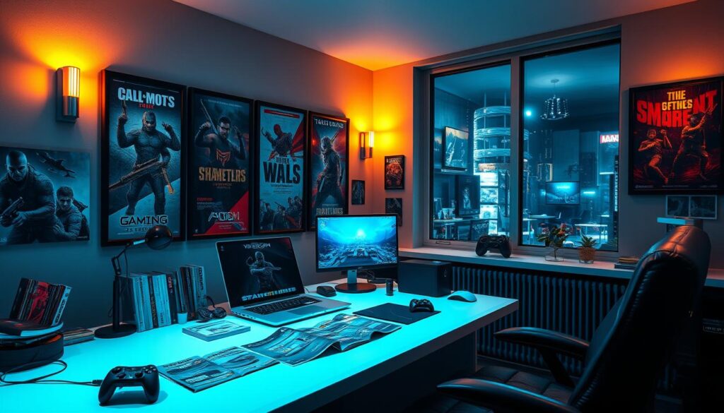 A well-lit game room with a sleek, modern desk setup. On the desk, a laptop and gaming controller sit next to neatly organized gaming guides and strategy manuals. The walls are adorned with framed posters of popular game titles, creating an immersive, gaming-centric atmosphere. Soft, indirect lighting from wall sconces and a large, panoramic window casts a warm glow over the space, highlighting the carefully curated gaming peripherals and accessories. The overall scene conveys a sense of focus, expertise, and the strategic approach needed to excel at the chosen games.