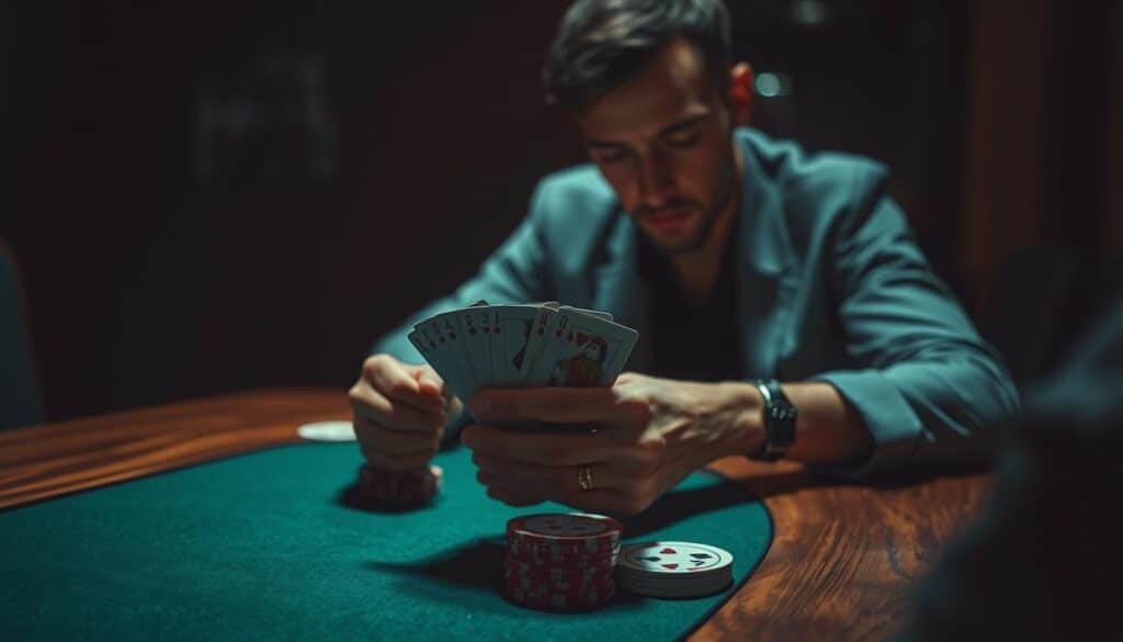 A well-lit game table with a professional poker player contemplating their starting hand cards. The table is made of polished wood, with a felt surface in a deep, rich green. The player's hands are visible, holding a set of cards face-down, their expression focused and thoughtful. The background is slightly blurred, hinting at the intensity of the game. Soft, directional lighting illuminates the scene, creating dramatic shadows and highlights that accentuate the player's decision-making process. The overall mood is one of strategic consideration and calculated risk, capturing the essence of the "選擇起手牌的基本原則" section.