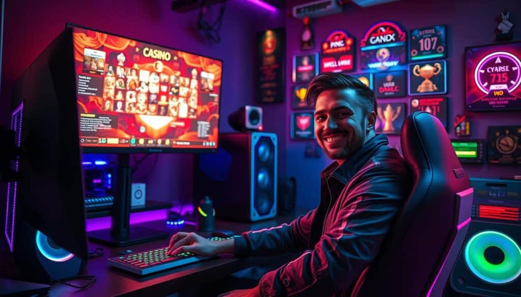 A well-lit gaming setup showcases a player's journey to success. In the foreground, a confident individual sits at a desk, immersed in an online casino game, their expression exuding a sense of triumph. Surrounding them, a sleek, modern gaming rig with glowing RGB accents, complemented by a large, high-resolution monitor displaying the captivating game interface. In the background, a wall-mounted display showcases various achievements, trophies, and accolades, highlighting the player's mastery of the game and their remarkable accomplishments. Vibrant colors, dynamic lighting, and a polished, professional atmosphere convey the thrill and excitement of an exceptional gaming experience.