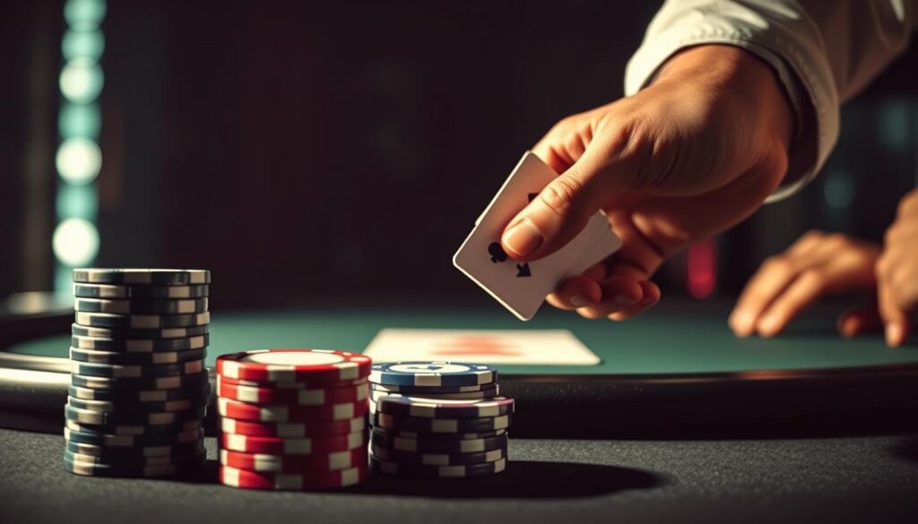 A well-lit, high-contrast image showcasing the progression from basic to advanced Texas Hold'em poker training. In the foreground, a stack of poker chips and playing cards, representing the fundamental skills. In the middle ground, a player's hand expertly manipulating the cards, signifying the refined techniques of the advanced stage. In the background, a subtle silhouette of a Texas Hold'em table, conveying the mastery of the game. The lighting is dramatic, casting shadows that highlight the contrast between the simplicity of the basics and the complexity of the advanced strategies. The overall mood is one of focus, dedication, and the journey towards poker excellence.