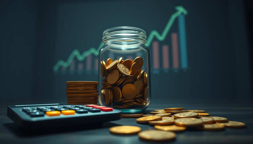 A well-lit, high-contrast scene depicting the essential elements of financial management strategy. In the foreground, a stack of gold coins and a calculator, conveying the importance of budgeting and tracking expenses. The middle ground features a clear glass jar filled with coins, symbolizing the concept of saving and growing wealth. In the background, a stylized chart or graph projected on a wall, illustrating the data-driven decision-making aspect of financial planning. The overall atmosphere is one of precision, control, and the promise of financial security.