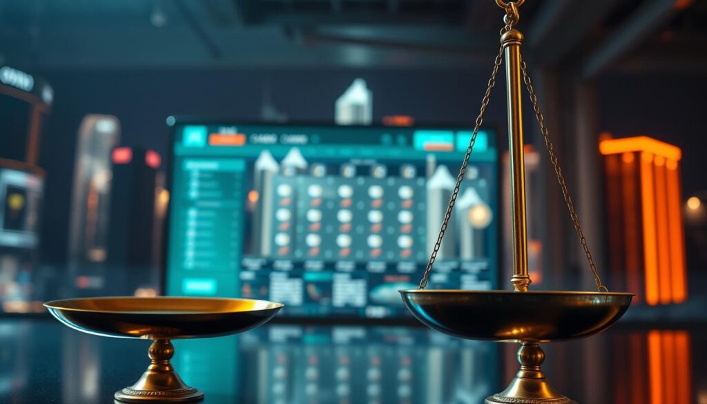 A well-lit, high-contrast scene showcasing the concept of fairness and balance in online casino gaming. In the foreground, a pair of balanced scales representing the equilibrium between the casino and the players, with intricate golden detailing on the scale pans. The middle ground features a sleek, modern online casino interface, with a teal and silver color scheme and clean, minimalist UI elements. In the background, a softly blurred cityscape with towering skyscrapers, suggesting the grand scale and sophistication of the online gaming industry. Diffused lighting casts a warm, authoritative glow over the entire composition, conveying a sense of trust, reliability, and fairness.