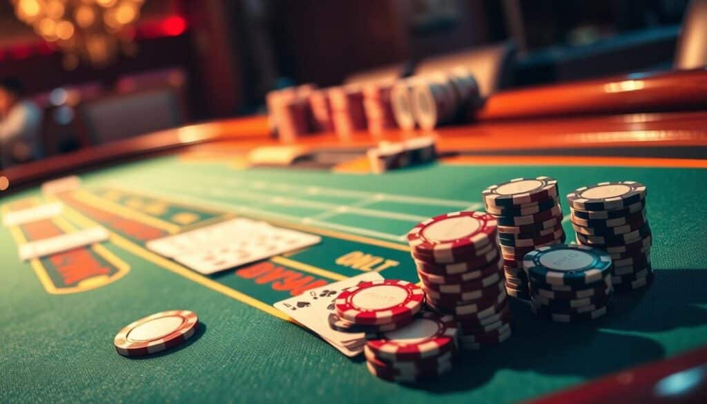 A well-lit, high-resolution close-up image of a casino table with casino chips and cards in the foreground, representing the house's advantage in the baccarat game. The table is made of polished, dark wood, with a green felt surface. The chips are stacked neatly, and the cards are displayed in an orderly fashion, conveying a sense of control and precision. The lighting is soft and warm, creating a sophisticated and inviting atmosphere. The angle of the shot is slightly elevated, giving the viewer a bird's-eye view of the table, emphasizing the house's dominant position. The overall composition is balanced and visually striking, capturing the essence of the "house edge" in baccarat.