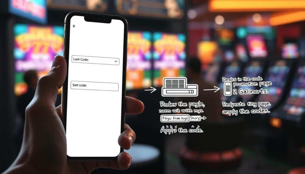 A well-lit, high-resolution image depicting the step-by-step process of redeeming an online gaming promotion code. In the foreground, a hand holds a smartphone, the screen displaying an input field for the code. In the middle ground, a series of illustrated instructions outlines the redemption workflow - from locating the code, to navigating the game's promotion page, to successfully applying the code. The background features a blurred view of a gaming interface, suggesting the context of an online casino or gaming platform. The overall mood is informative and practical, guiding the viewer through the mechanics of utilizing a promotional discount within a digital entertainment experience.