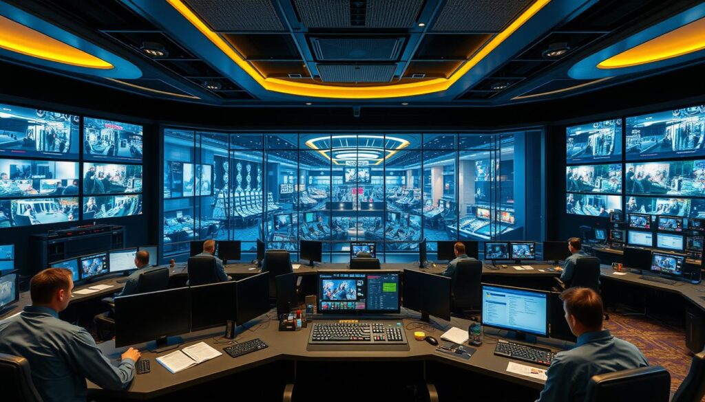 A well-lit, high-resolution image of a modern online casino's security control room. In the foreground, a team of security personnel monitor multiple screens displaying live video feeds from the casino's gaming floors, cashier stations, and entrances. The middle ground features a large central dashboard with various security controls and alerts. In the background, a panoramic view of the casino through floor-to-ceiling windows, showcasing the high-end interior design and careful attention to security measures. The overall atmosphere conveys a sense of professionalism, efficiency, and unwavering commitment to protecting the safety and integrity of the online gaming environment.