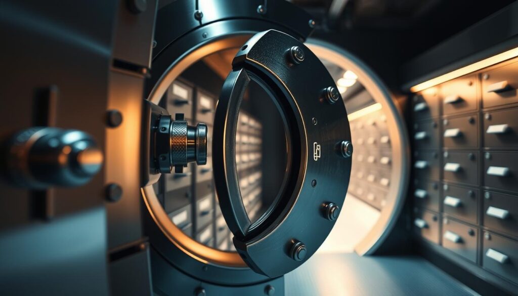 A well-lit, high-resolution image of a secure banking vault, its sturdy steel door standing open to reveal rows of safety deposit boxes inside. The foreground shows a magnified view of the lock mechanism, its intricate mechanisms and tumblers suggesting the advanced security features. In the middle ground, the vault's interior is bathed in a soft, warm light, conveying a sense of safety and reliability. The background fades into shadows, emphasizing the vault's impenetrability. The overall composition evokes a feeling of financial stability and the protection of one's assets.