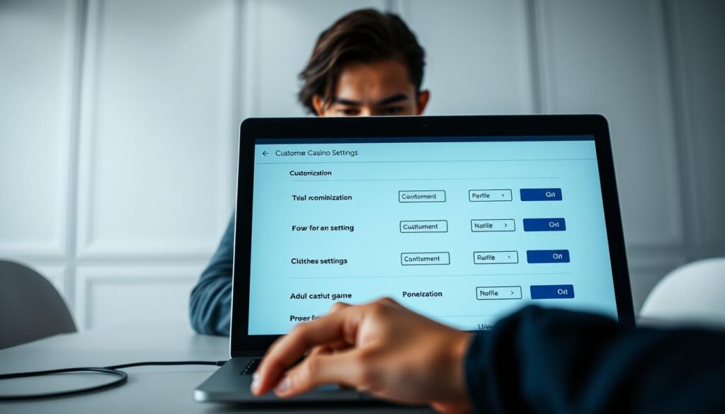 A well-lit, high-resolution image of a step-by-step guide to customizing online casino game settings. The foreground depicts a laptop screen displaying various customization options, with a hand hovering over the mouse pointer. The middle ground shows a person deeply focused on the screen, their expression conveying a sense of control and engagement. The background features a minimalist, modern office setting with clean lines and subtle textures, creating a professional and streamlined atmosphere. The overall scene emphasizes the importance of personalization and the empowering nature of customizing one's gaming experience.