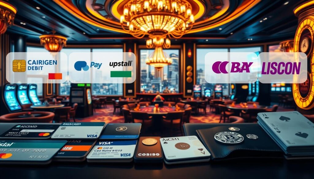 A well-lit, high-resolution image showcasing a comprehensive overview of various casino deposit methods. The foreground features an array of payment options, including credit/debit cards, e-wallets, bank transfers, and cryptocurrency wallets, all arranged in a clean, organized manner. The middle ground depicts a luxurious casino interior with plush furnishings, ornate chandeliers, and a sense of exclusivity. The background offers a glimpse of the bustling city skyline, conveying the excitement and prestige of the gambling industry. The overall atmosphere is one of sophistication, financial security, and the thrill of the gaming experience.