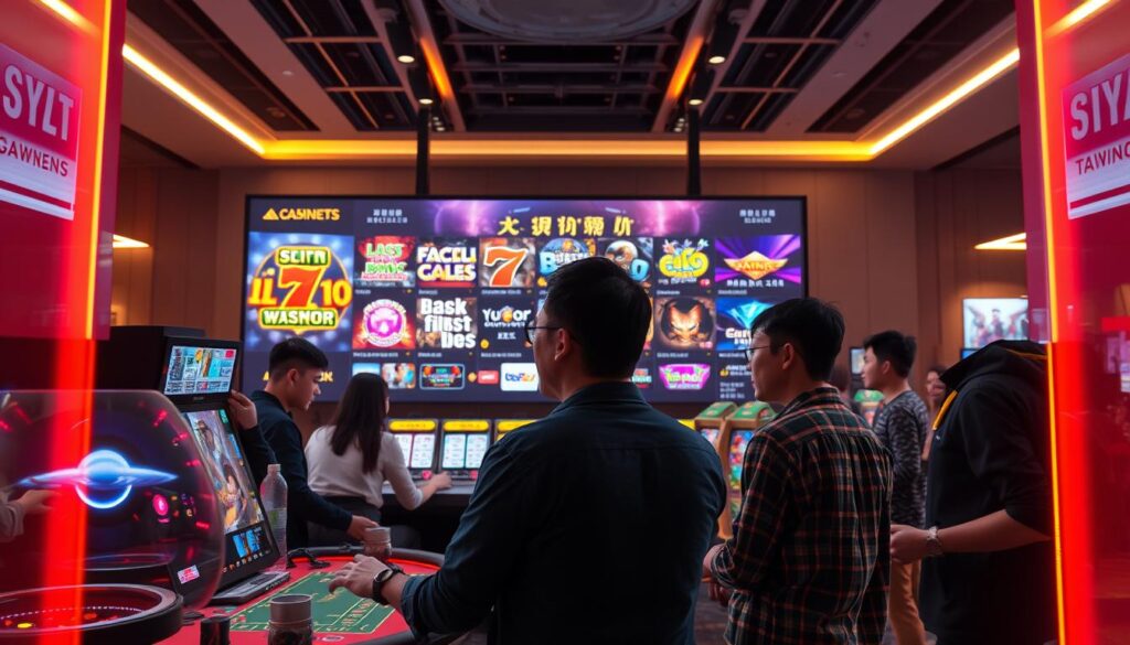 A well-lit, high-resolution image showcasing the diverse needs and preferences of Taiwanese online gambling enthusiasts. In the foreground, a group of players engages in a lively casino-style game, their expressions animated with excitement. In the middle ground, a large display highlights the latest slots, table games, and live dealer offerings, reflecting the players' desire for a diverse and immersive gaming experience. The background features a modern, sleek interior design with warm lighting, creating a sense of sophistication and luxury. The overall scene conveys the vibrant, tech-savvy, and discerning nature of the Taiwanese gaming market, ready to embrace the next generation of online entertainment.