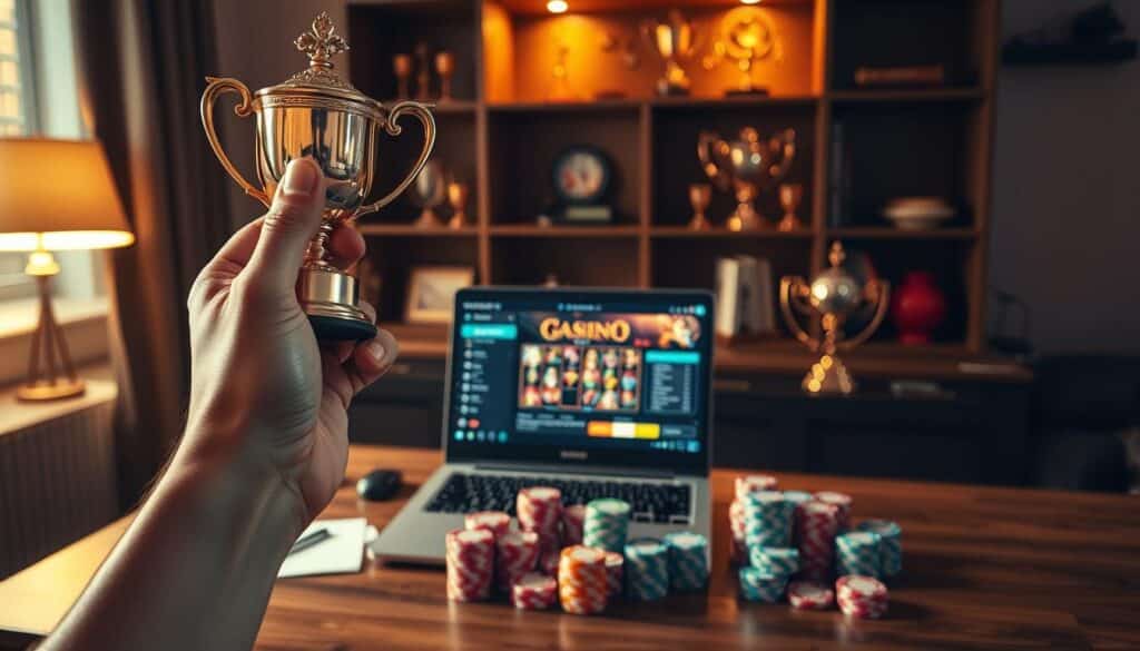A well-lit indoor scene showcasing a successful online casino player's gaming setup. In the foreground, a hand holds up a trophy or award, signifying their accomplishment. The middle ground features an open laptop displaying a casino game interface, surrounded by stacks of colorful casino chips. In the background, a bookshelf or display case holds additional trophies and gaming memorabilia, creating a sense of achievement and celebration. The lighting is warm and inviting, creating a cozy, celebratory atmosphere. The image should convey a sense of pride, success, and the rewards of responsible online casino gaming.