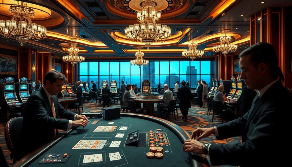 A well-lit interior of a modern, high-end casino with elegant decor. In the foreground, a close-up view of a gaming table with professional croupiers dealing cards and chips. The middle ground showcases patrons engaged in various table games like blackjack and roulette, dressed in formal attire. The background features a panoramic view of the casino floor, with rows of slot machines, chandeliers, and floor-to-ceiling windows offering a glimpse of the city skyline. The lighting is warm and inviting, creating an atmosphere of sophistication and legitimacy. The scene conveys a sense of authority, regulation, and trustworthiness associated with a legally operating gambling establishment.