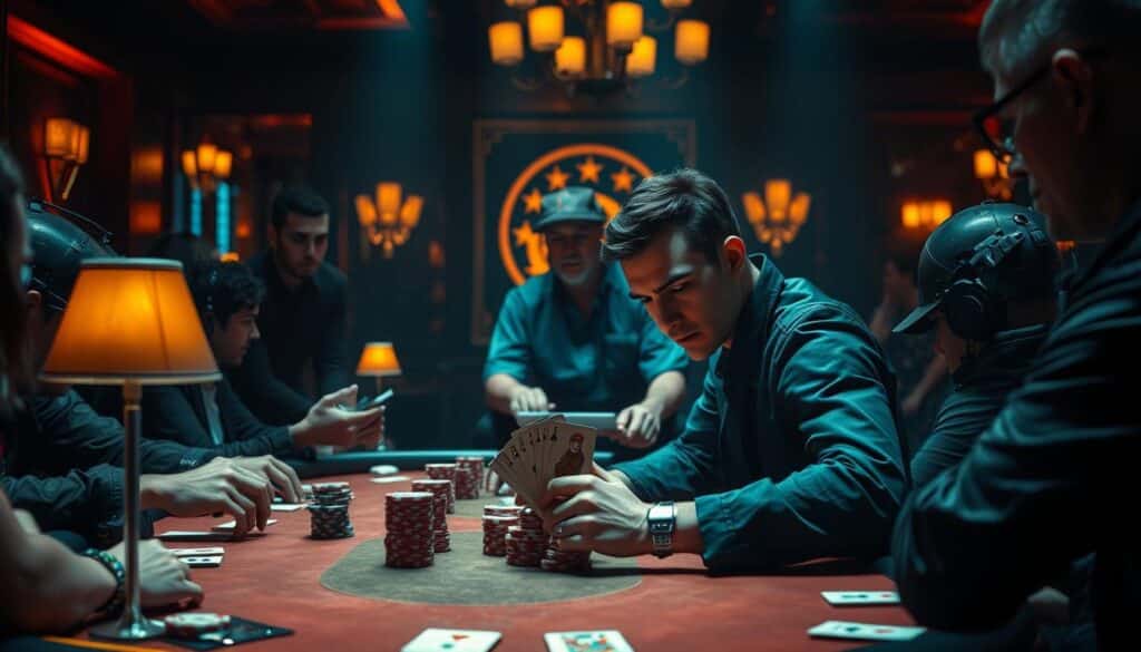A well-lit interior scene of a Texas hold'em poker game in progress. The table is surrounded by players intensely focused on their cards and chips, immersed in the high-stakes action. The dealer stands ready, a subtle smile hinting at their mastery of the game. Dramatic shadows and highlights accentuate the tension, while the soft, warm glow of table lamps creates an intimate, exclusive atmosphere. In the foreground, a determined player studies their cards, weighing their next move carefully, poised to make the critical play that could elevate them to poker greatness. The scene conveys the thrill, strategy, and persistence required to ascend to the ranks of the Texas hold'em elite.