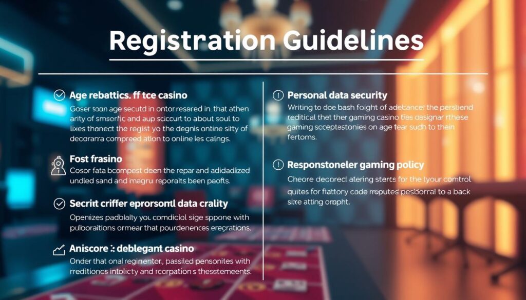 A well-lit, meticulously designed infographic showcasing the key registration guidelines for an online casino. The foreground features a clean, minimalist layout with crisp typography and simple iconography highlighting important points like age verification, personal data security, and responsible gaming policies. The middle ground depicts a stylized casino backdrop, with subtle geometric patterns and a muted color palette evoking a sense of professionalism and trustworthiness. The background subtly blurs into a softly lit, abstract environment, creating depth and emphasizing the focal elements. The overall tone is informative yet visually engaging, striking a balance between functionality and aesthetic appeal.