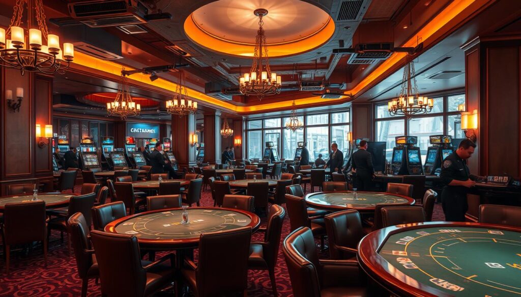 A well-lit, modern casino interior with a warm, inviting atmosphere. Plush leather chairs and tables with polished wood surfaces set the tone for a safe, trustworthy gaming environment. Soft lighting from chandeliers and sconces creates a cozy ambiance, while large windows allow natural light to fill the space. Security personnel discretely monitor the floor, ensuring the safety and comfort of patrons. High-end technology, including advanced surveillance systems and secure payment methods, provide an extra layer of protection. An overall sense of sophistication and attention to detail conveys the casino's commitment to responsible and reliable gaming.