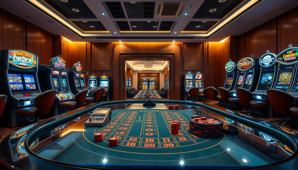 A well-lit, modern interior of a Taiwanese online casino, showcasing the comparative features of various gaming options. In the foreground, a sleek, glass-topped table displays a lively game of baccarat in progress, with players engaged and chips stacked high. The middle ground reveals rows of slot machines, their screens displaying a dazzling array of colors and animations. In the background, private gaming lounges can be seen, their doorways framed by elegant wood paneling. Soft, indirect lighting casts a warm, inviting glow over the scene, creating an atmosphere of sophisticated leisure and high-stakes excitement.