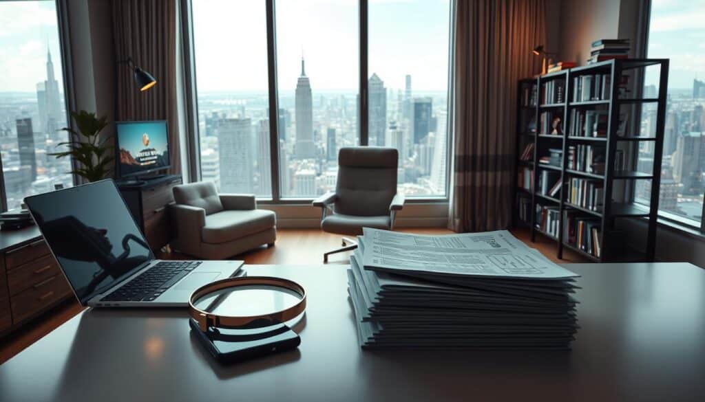 A well-lit, modern interior of a home office. In the foreground, a sleek, minimalist desk with a laptop, smartphone, and a stack of documents. On the desk, a magnifying glass is positioned, inviting the viewer to examine the documents more closely. The middle ground features a comfortable office chair and a bookshelf filled with relevant publications on online gambling and finance. The background showcases a large, panoramic window overlooking a bustling city skyline, suggesting a sense of connection to the digital world. The overall atmosphere is one of professionalism, research, and informed decision-making, reflecting the need to carefully evaluate online gambling platforms.