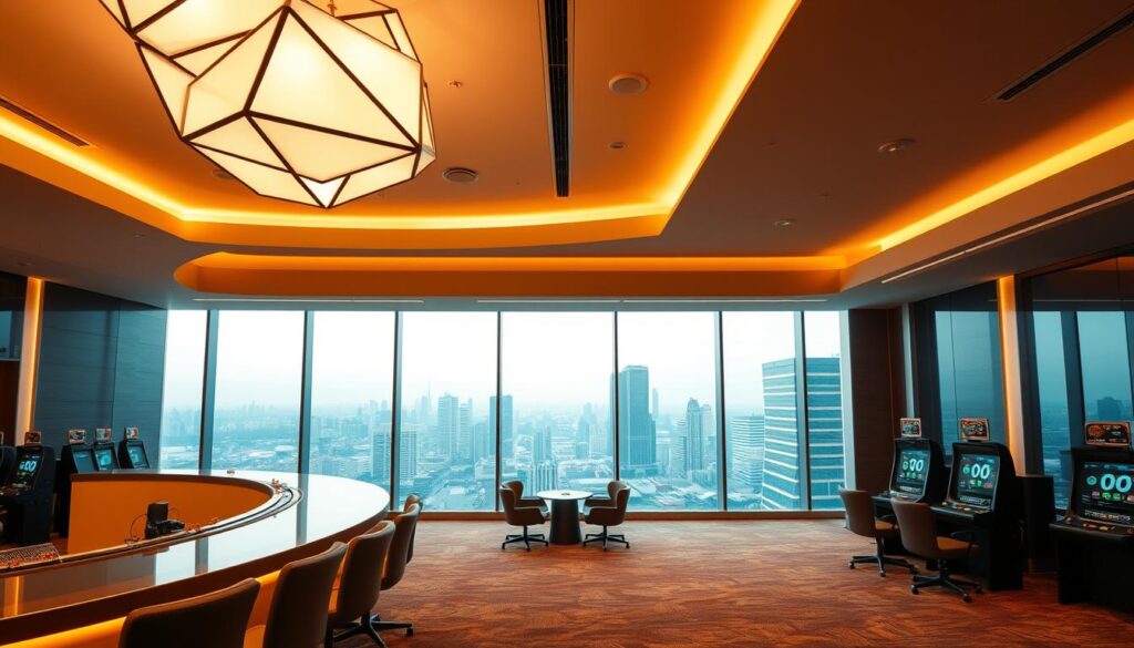 A well-lit, modern interior of a legal online gaming center. The foreground features a sleek, minimalist casino-style setup with a curved counter, comfortable chairs, and discreet gaming terminals. The middle ground showcases a panoramic view of the space, with geometric lighting fixtures and warm, earthy tones creating a inviting atmosphere. In the background, a large, transparent window offers a scenic vista of a vibrant city skyline, conveying a sense of urban sophistication and security. The overall composition emphasizes the refinement, transparency, and responsible approach of this legal entertainment destination.