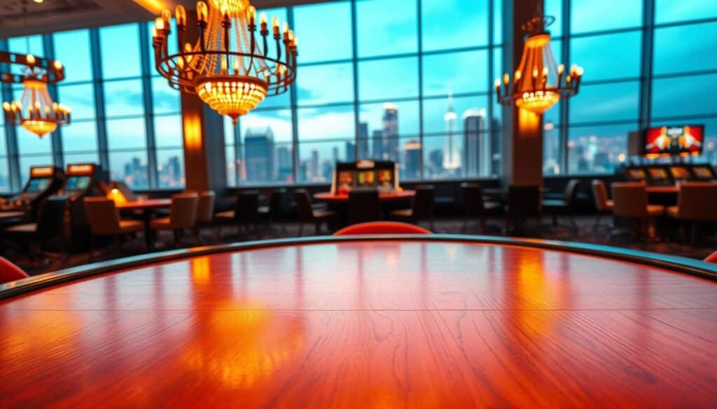 A well-lit, modern interior of a trustworthy online casino. The foreground features a polished, wooden gaming table with soft lighting, inviting players to engage in fair and secure gaming experiences. In the middle ground, sleek and sophisticated casino decor, such as ornate chandeliers and plush seating, create an atmosphere of sophistication and reliability. The background showcases expansive windows offering a panoramic view of a vibrant city skyline, suggesting the casino's integration within a thriving, reputable urban environment. The overall scene conveys a sense of transparency, professionalism, and commitment to providing a trusted, premium online gaming destination.