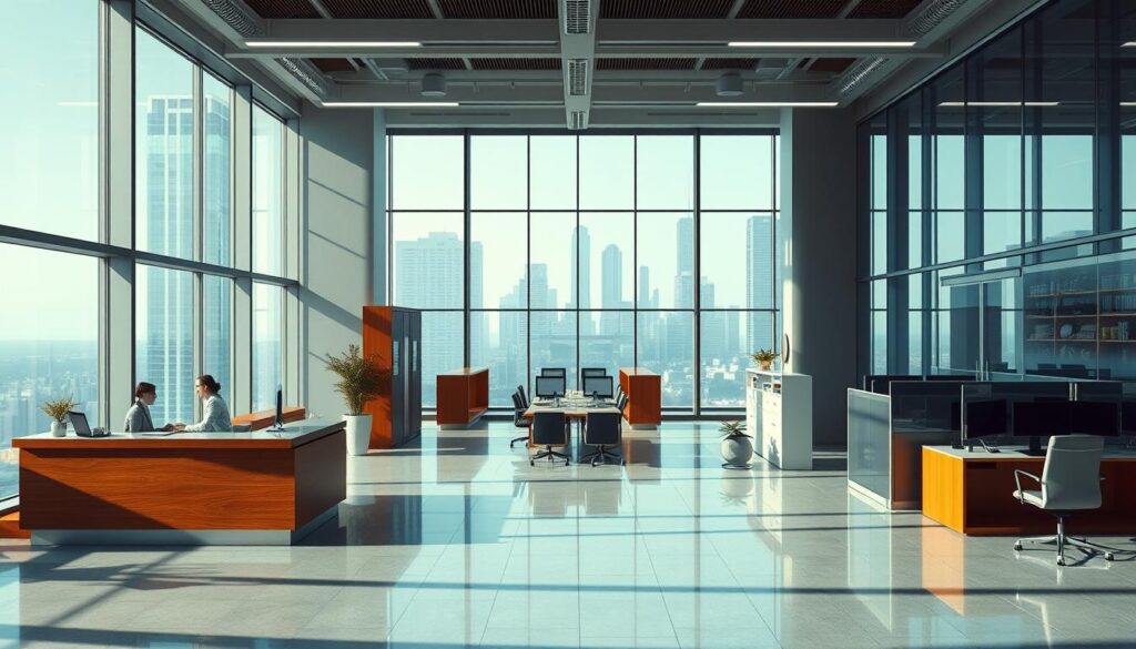 A well-lit, modern office interior depicting the legal operations of an online entertainment center. The space features large windows with a cityscape in the background, suggesting an urban setting. The foreground showcases a reception desk with professional staff, warm wooden accents, and minimalist decor, conveying a sense of legitimacy and transparency. The middle ground includes meeting rooms and cubicles, hinting at the various aspects of the business. The overall atmosphere is one of a reputable, regulated establishment adhering to compliance standards, presented through a crisp, photorealistic style and a cool, neutral color palette.