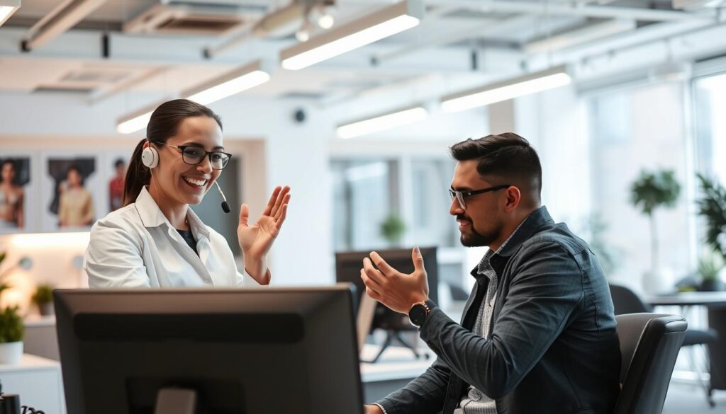 A well-lit, modern office setting with a customer service representative assisting a client. In the foreground, an employee in a clean, professional attire smiles and gestures warmly while explaining something on a computer screen. The client, seated across from the representative, nods attentively, their expression conveying a sense of understanding and satisfaction. The background features sleek, minimalist furniture and decor, creating a welcoming and efficient atmosphere. Soft, diffused lighting from overhead sources casts a soothing glow, enhancing the collaborative and helpful nature of the scene. The overall composition emphasizes the ease and professionalism of the customer support experience.