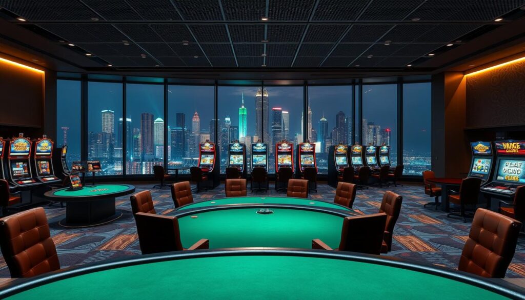 A well-lit, modern online casino lobby with a sleek, minimalist design. The foreground features a large, curved gaming table with a green felt surface, surrounded by high-backed leather chairs. The middle ground showcases several slot machines and video poker terminals, their screens displaying thrilling game graphics. In the background, a panoramic window offers a stunning cityscape view, with skyscrapers and neon lights adding to the atmosphere of sophistication and security. The lighting is a perfect balance of warm and cool tones, creating a welcoming and trustworthy ambiance. The overall scene conveys a sense of responsible, regulated, and safe online gambling experience.