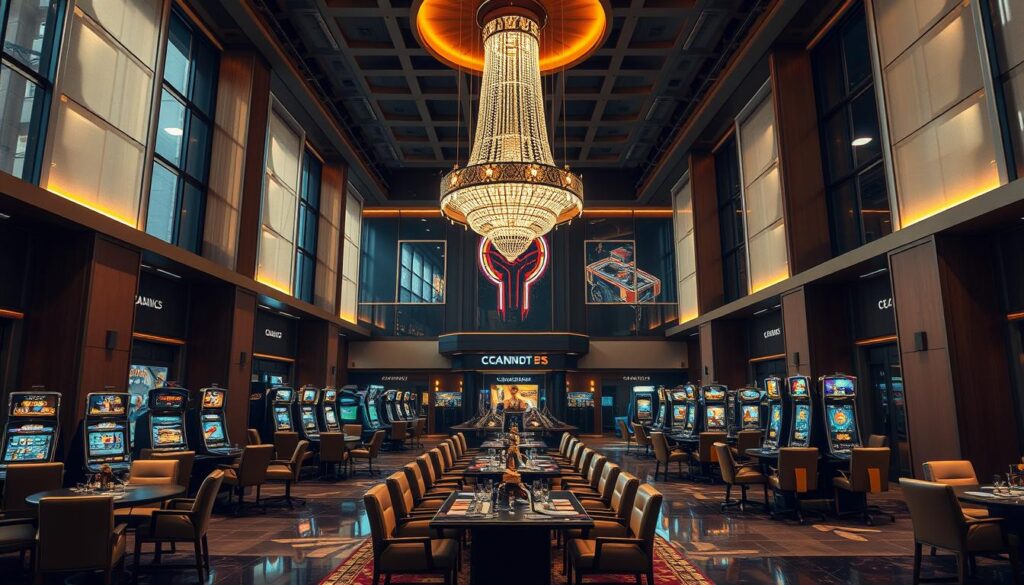 A well-lit, modern online casino lobby with a sleek, professional design. The interior features a warm, inviting color palette of browns and golds, with high ceilings and large windows allowing natural light to flood the space. Plush leather chairs and tables with clean lines create a luxurious, yet comfortable atmosphere. In the center, a striking chandelier dangles overhead, illuminating the various gaming stations and discreet customer service kiosks. The layout is intuitive and easy to navigate, with clear signage guiding patrons to their desired games and amenities. An air of security and reliability permeates the scene, exuding a sense of trustworthiness and sophisticated entertainment.