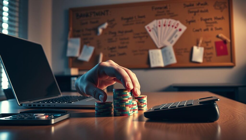 A well-lit office desk with a laptop, a stack of poker chips, and a calculator. In the foreground, a player's hand carefully arranging the chips, conveying a sense of strategic financial management. The background features a wall-mounted corkboard with handwritten notes and diagrams related to bankroll management and risk mitigation. The lighting is soft and warm, creating a contemplative atmosphere, as if the player is deep in thought, pondering the nuances of responsible poker capital allocation.