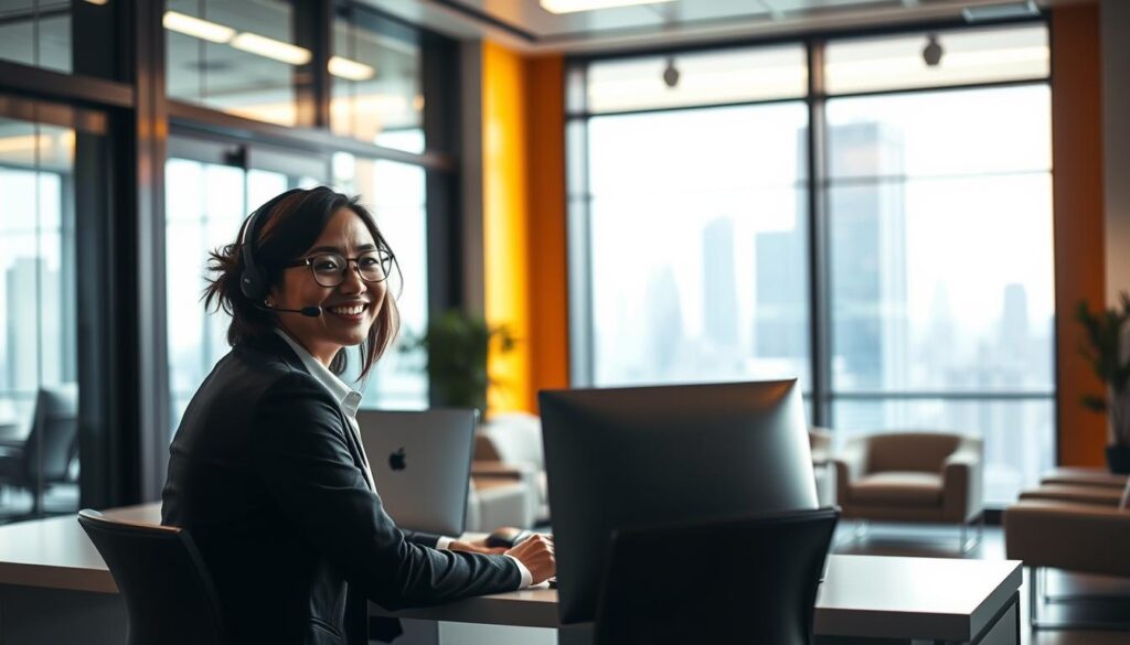 A well-lit office interior, with a warm, inviting ambiance. In the foreground, a customer service representative, dressed in professional attire, smiles warmly while assisting a client seated across the desk. The background features sleek, modern furniture and a large window offering a city skyline view, conveying a sense of efficiency and professionalism. The lighting is soft and natural, creating a pleasant, comfortable atmosphere. The overall scene reflects a high-quality customer service experience tailored to the needs of the Taiwanese player.