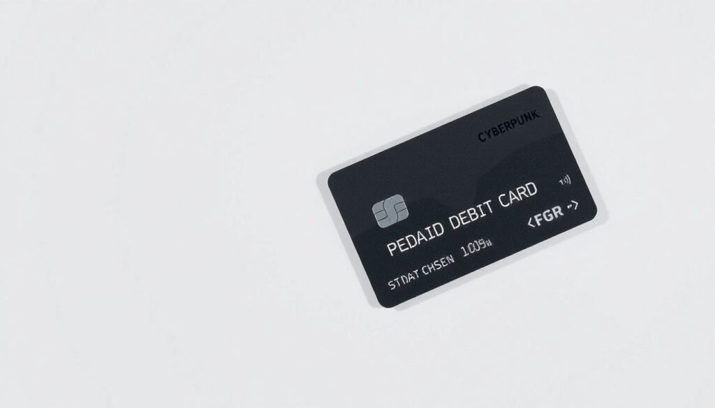 A well-lit overhead view of a prepaid debit card on a clean white surface, with the card slightly tilted to reveal the details on the front and back. The card has a minimal design with a simple logo and a magnetic strip. The scene is captured with a sharp focus, emphasizing the tactile qualities of the card. The lighting casts soft shadows, creating a sense of depth and highlighting the card's materiality. The background is clean and uncluttered, allowing the card to be the central focus of the image.