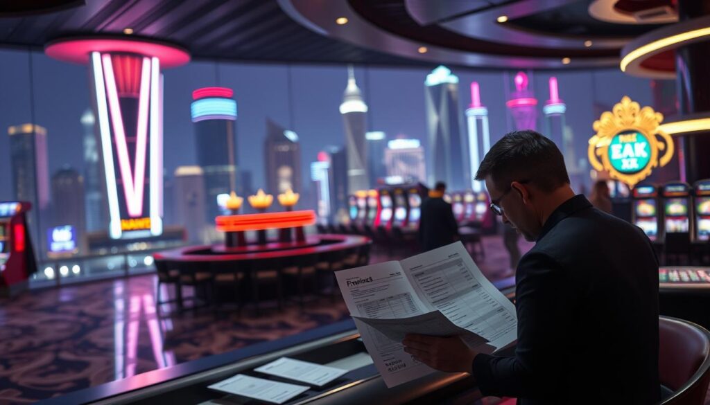 A well-lit scene depicting responsible gambling practices. In the foreground, a person carefully reviewing financial statements and risk assessment documents, conveying a sense of diligence and prudence. The middle ground features a sleek, modern casino interior with muted colors and subdued lighting, emphasizing a calm, controlled atmosphere. In the background, a cityscape with towering skyscrapers and neon lights, suggesting the broader economic context. The overall mood is one of measured risk-taking, with an emphasis on accountability and transparency in the gaming industry.