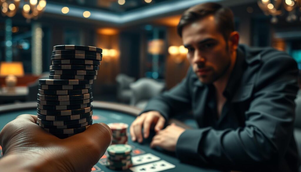 A well-lit scene showing the key factors for a successful gambler in baccarat. In the foreground, a hand holds a stack of casino chips, representing the financial foundation. In the middle ground, a pair of focused eyes gazes intently at the game table, symbolizing the player's discipline and strategic mindset. In the background, a serene, dimly lit casino atmosphere sets the mood, with hints of luxurious furnishings and the faint sound of cards being dealt. The overall composition conveys a sense of mastery, confidence, and the careful balance of risk and reward that defines the successful baccarat player.