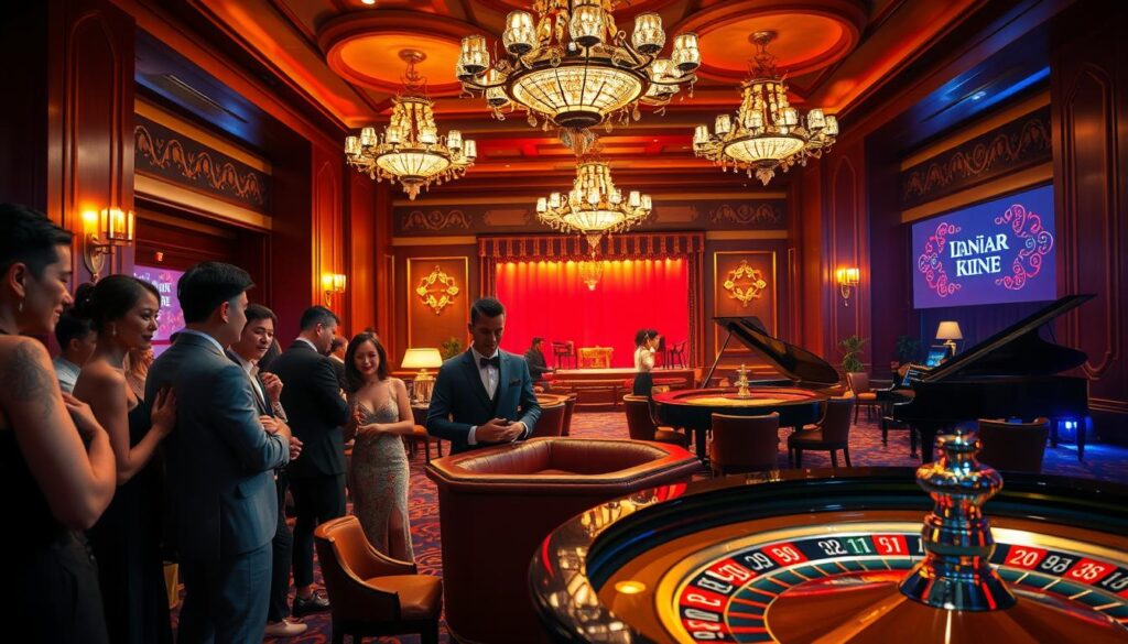 A well-lit, visually captivating scene showcasing the allure of a casino's promotional event. In the foreground, a group of elegantly dressed patrons mingle around a roulette table, their expressions brimming with excitement as the wheel spins. The middle ground features dazzling chandeliers casting a warm glow over the luxurious interior, with plush leather chairs and a grand piano adding a touch of sophistication. In the background, a stage is set, hinting at the upcoming entertainment or special offers that will entice Taiwanese players. The overall atmosphere is one of excitement, anticipation, and the promise of an unforgettable gaming experience.