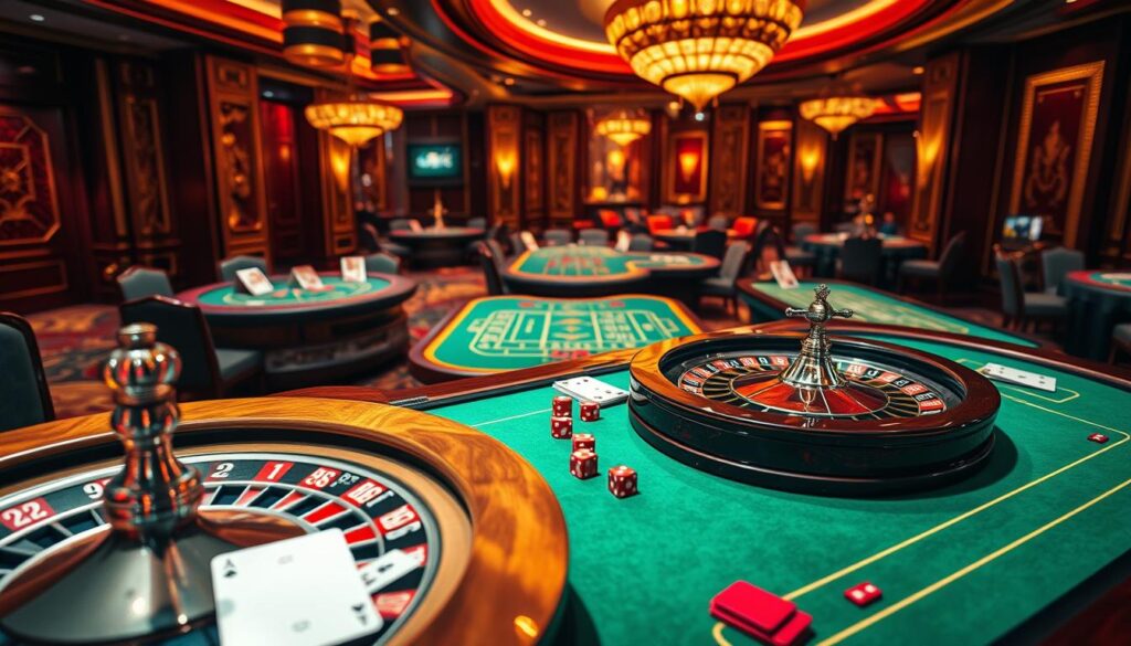 A well-lit, visually striking casino table showcasing the classic gambling games of Macau. In the foreground, a green felt surface with elegant wooden borders hosts the iconic roulette wheel, dice, and playing cards. The middle ground features a selection of classic table games like baccarat, blackjack, and sic bo, each with their distinctive layouts and betting areas. The background depicts the opulent, ornate interiors of a high-end Macau casino, with rich colors, gilded accents, and a sense of grandeur. The lighting casts a warm, inviting glow over the scene, heightening the atmosphere of excitement and anticipation. The overall composition captures the essence of Macau's time-honored gambling traditions and the allure of its iconic casino experiences.