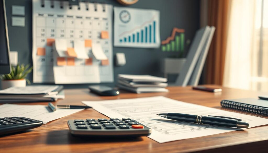 A well-organized office desk with a calculator, pen, and paper, symbolizing careful financial planning. In the background, a wall calendar and charts depicting the growth of financial assets, conveying a sense of disciplined money management. Warm, natural lighting illuminates the scene, creating a focused and professional atmosphere. The overall composition suggests a thoughtful, strategic approach to personal finance, reflecting the "設置明確的資金管理策略" section of the article.