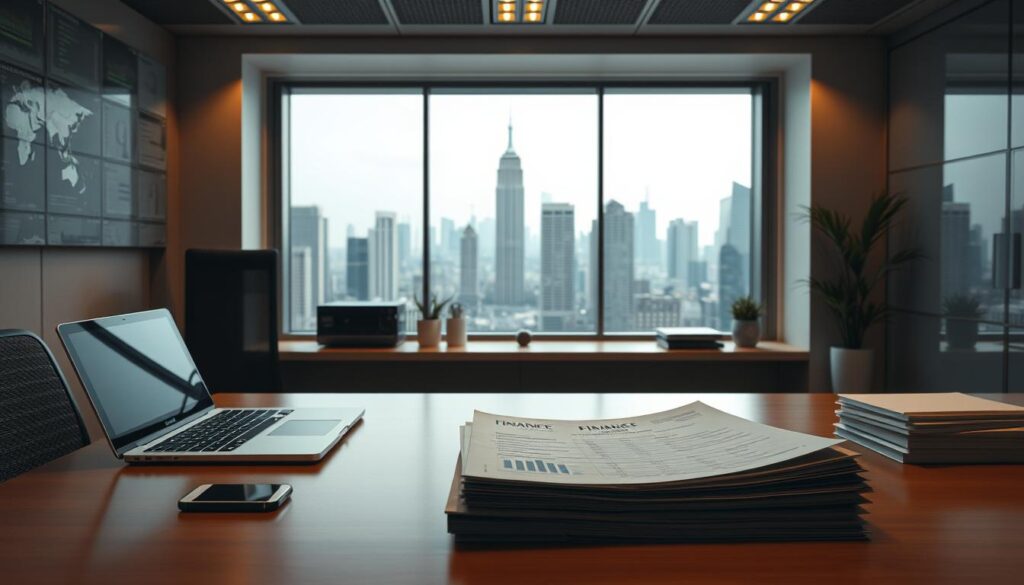 A well-organized office workspace with a sleek, minimalist design. On the desk, a laptop, a smartphone, and a neat stack of financial documents. The workspace is bathed in warm, focused lighting, creating a productive and contemplative atmosphere. In the background, a large window overlooking a bustling city skyline, symbolizing the interconnected nature of finance and the wider world. The overall scene conveys a sense of disciplined money management, strategic planning, and financial acumen.