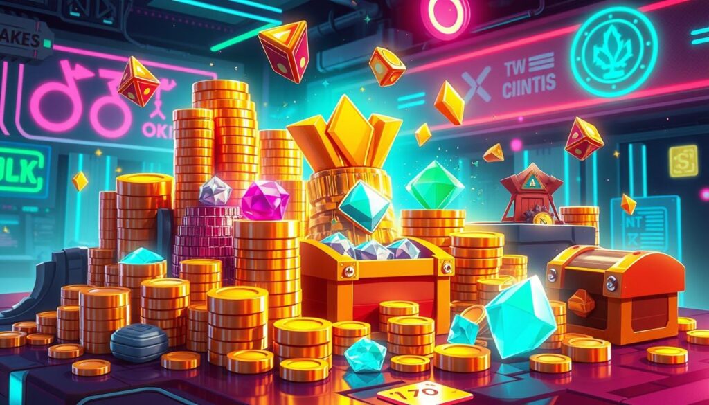 A whimsical illustration of various gaming rewards and bonuses, including stacks of coins, sparkling gems, loot chests, and power-ups, all set against a vibrant backdrop of neon lights and glowing effects. The composition should be dynamic and eye-catching, with the central focus on the most enticing rewards that would capture the attention of avid online casino players. The overall mood should convey a sense of excitement, anticipation, and the thrill of potential winnings.