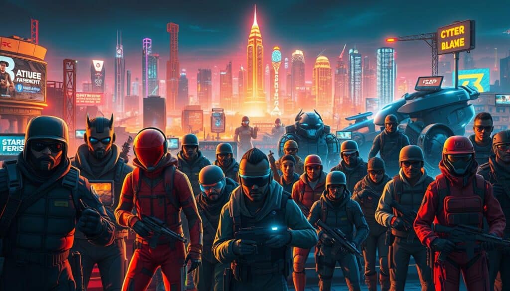 A wide array of popular online games displayed in a vibrant, dynamic composition. Detailed character models of players immersed in various genres - from fast-paced action titles to strategic team-based experiences and immersive open-world adventures. The foreground showcases the diverse cast of protagonists, each with distinctive visual styles and poses, conveying the thrill and camaraderie of online gaming. The middle ground features larger-than-life game environments - futuristic cityscapes, fantastical landscapes, and high-tech battlefields. In the background, a pulsing neon-lit skyline sets the tone of a vibrant, tech-savvy gaming culture. Warm, saturated lighting creates a sense of energy and excitement, while a cinematic camera angle and depth of field emphasize the grand scale and immersive nature of the depicted online gaming experiences.